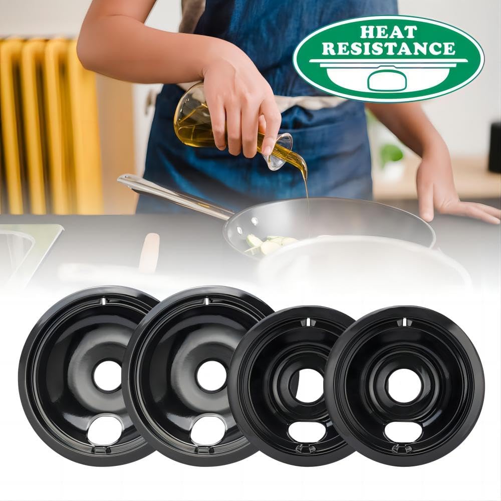 Purelux Electric Range Drip Pans Replacement for GE or Hotpoint Stove, Porcelain Enameled Black Finish 4 Pieces Pack (Two 8" and Two 6")