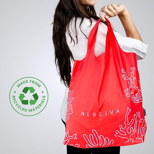 Pack of Foldable Grocery Bags by Nereiva Including Storage Pouch - Large, Multi-Color, Great for Travel, Tiny Pouch, Washable