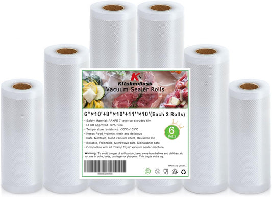 Food Vacuum Sealer Bag Rolls: KitchenBoss 6 Rolls Food Saver Bags,6 8 11 inch Sous Vide Bags Rolls with BPA Free, Commercial Grade Vac seal Bags for All Vacuum Sealer