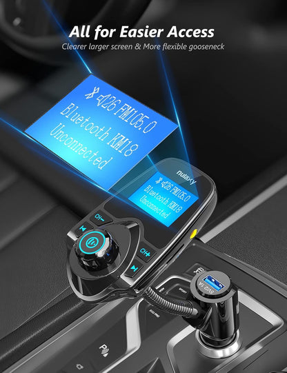 Wireless Bluetooth FM Transmitter Car Adapter with 1.44 Inch Display, Hands-Free Calling, USB Charging, AUX and TF Card Support for 12V–24V Vehicles - PuriLite