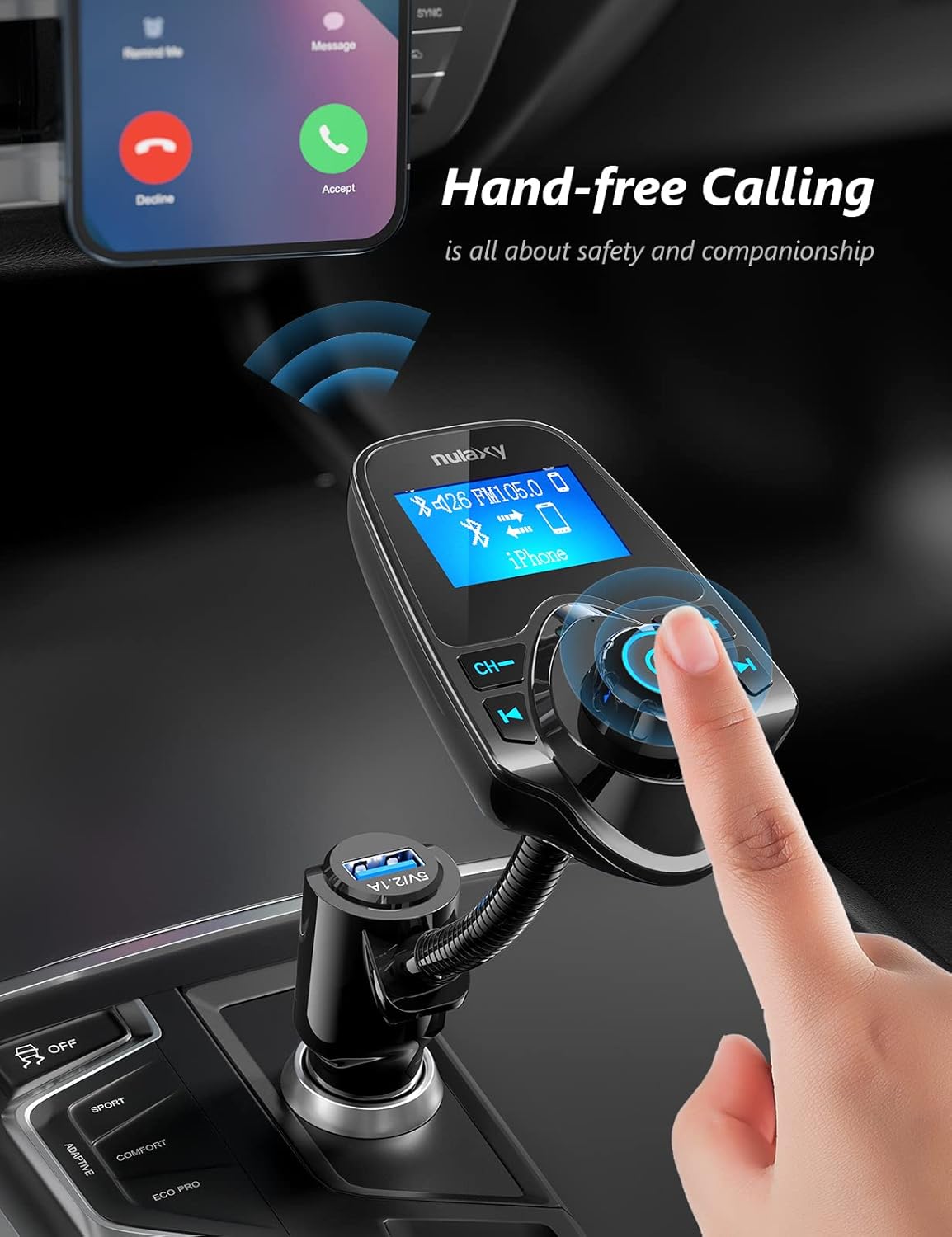 Wireless Bluetooth FM Transmitter Car Adapter with 1.44 Inch Display, Hands-Free Calling, USB Charging, AUX and TF Card Support for 12V–24V Vehicles - PuriLite