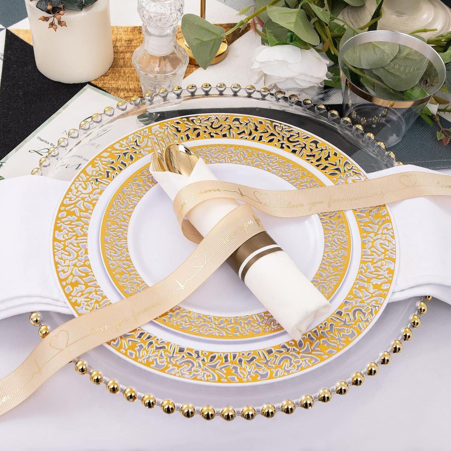 I00000 350 Pieces Gold Plastic Dinnerware - Disposable Gold Lace Plates, Include:50 Dinner Plates,50 Dessert Plates, 50 Pre Rolled Napkins with Silverware and 50 Cups for Weddings