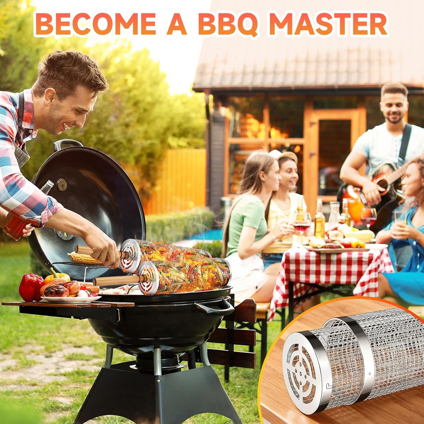 2Pcs Rolling Grill Baskets with Removable Wooden Handles – 304 Stainless Steel Nesting BBQ Grill Basket Set