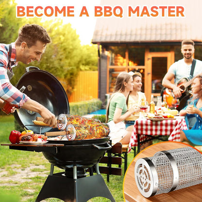 2Pcs Rolling Grill Baskets with Removable Wooden Handles – 304 Stainless Steel Nesting BBQ Grill Basket Set