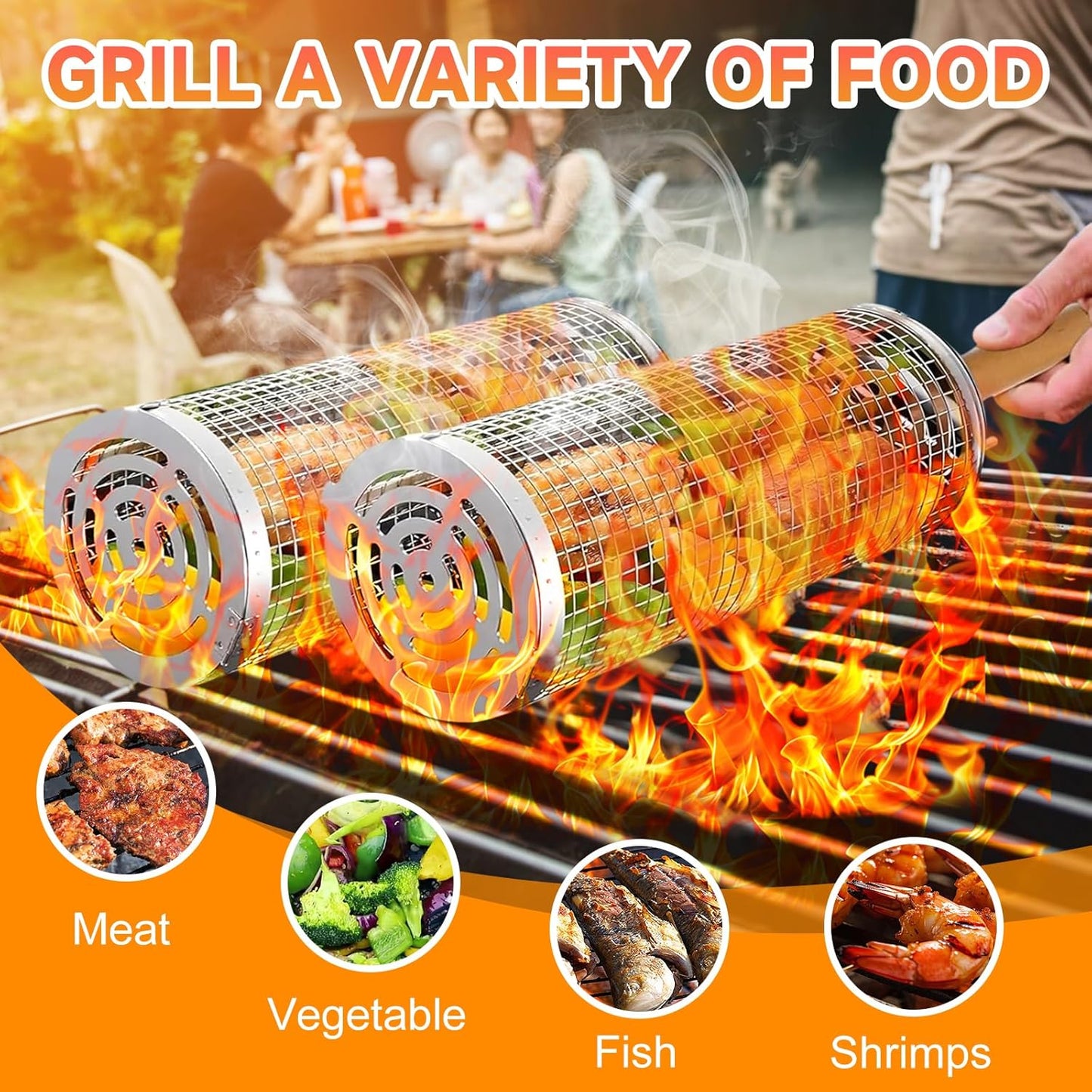 2Pcs Rolling Grill Baskets with Removable Wooden Handles – 304 Stainless Steel Nesting BBQ Grill Basket Set