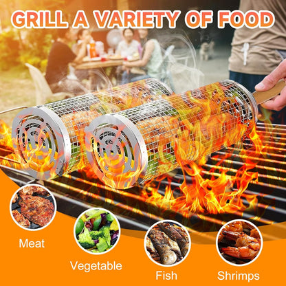 2Pcs Rolling Grill Baskets with Removable Wooden Handles – 304 Stainless Steel Nesting BBQ Grill Basket Set