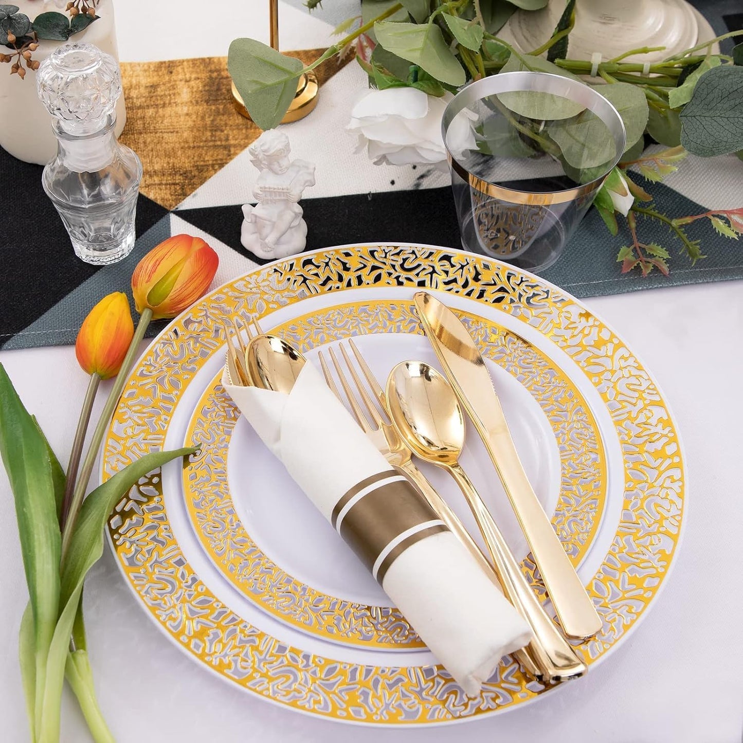 I00000 350 Pieces Gold Plastic Dinnerware - Disposable Gold Lace Plates, Include:50 Dinner Plates,50 Dessert Plates, 50 Pre Rolled Napkins with Silverware and 50 Cups for Weddings