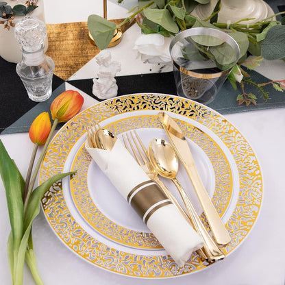 I00000 350 Pieces Gold Plastic Dinnerware - Disposable Gold Lace Plates, Include:50 Dinner Plates,50 Dessert Plates, 50 Pre Rolled Napkins with Silverware and 50 Cups for Weddings