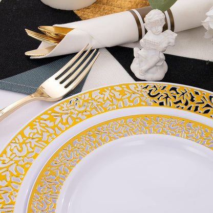 I00000 350 Pieces Gold Plastic Dinnerware - Disposable Gold Lace Plates, Include:50 Dinner Plates,50 Dessert Plates, 50 Pre Rolled Napkins with Silverware and 50 Cups for Weddings