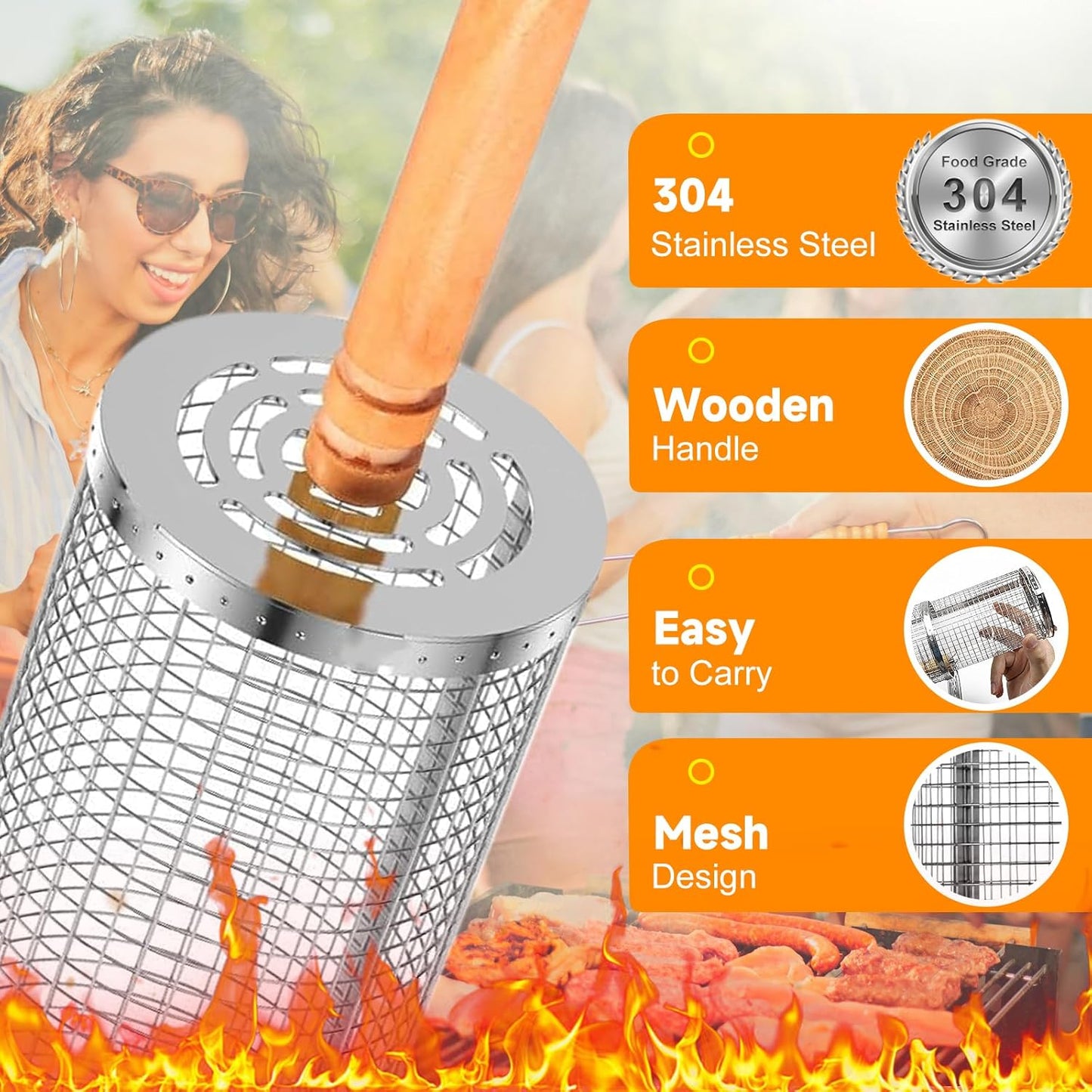 2Pcs Rolling Grill Baskets with Removable Wooden Handles – 304 Stainless Steel Nesting BBQ Grill Basket Set