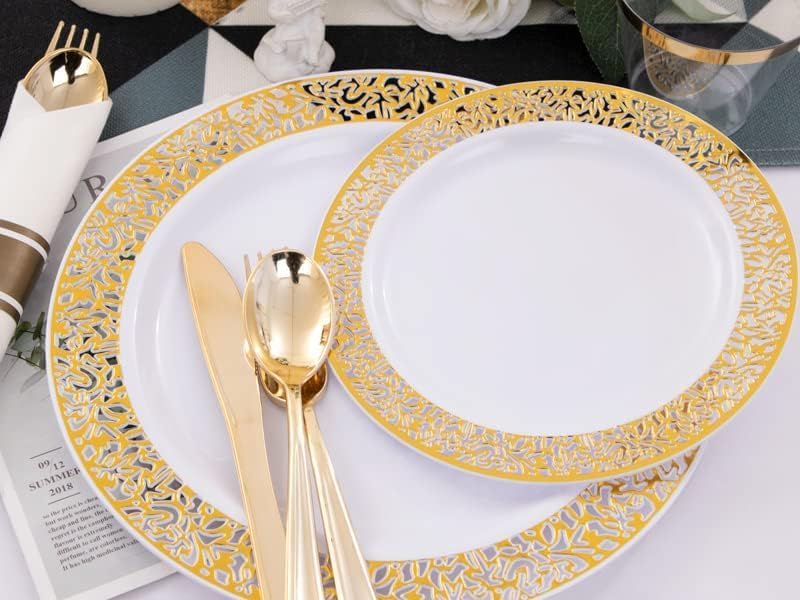 I00000 350 Pieces Gold Plastic Dinnerware - Disposable Gold Lace Plates, Include:50 Dinner Plates,50 Dessert Plates, 50 Pre Rolled Napkins with Silverware and 50 Cups for Weddings