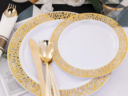 I00000 350 Pieces Gold Plastic Dinnerware - Disposable Gold Lace Plates, Include:50 Dinner Plates,50 Dessert Plates, 50 Pre Rolled Napkins with Silverware and 50 Cups for Weddings