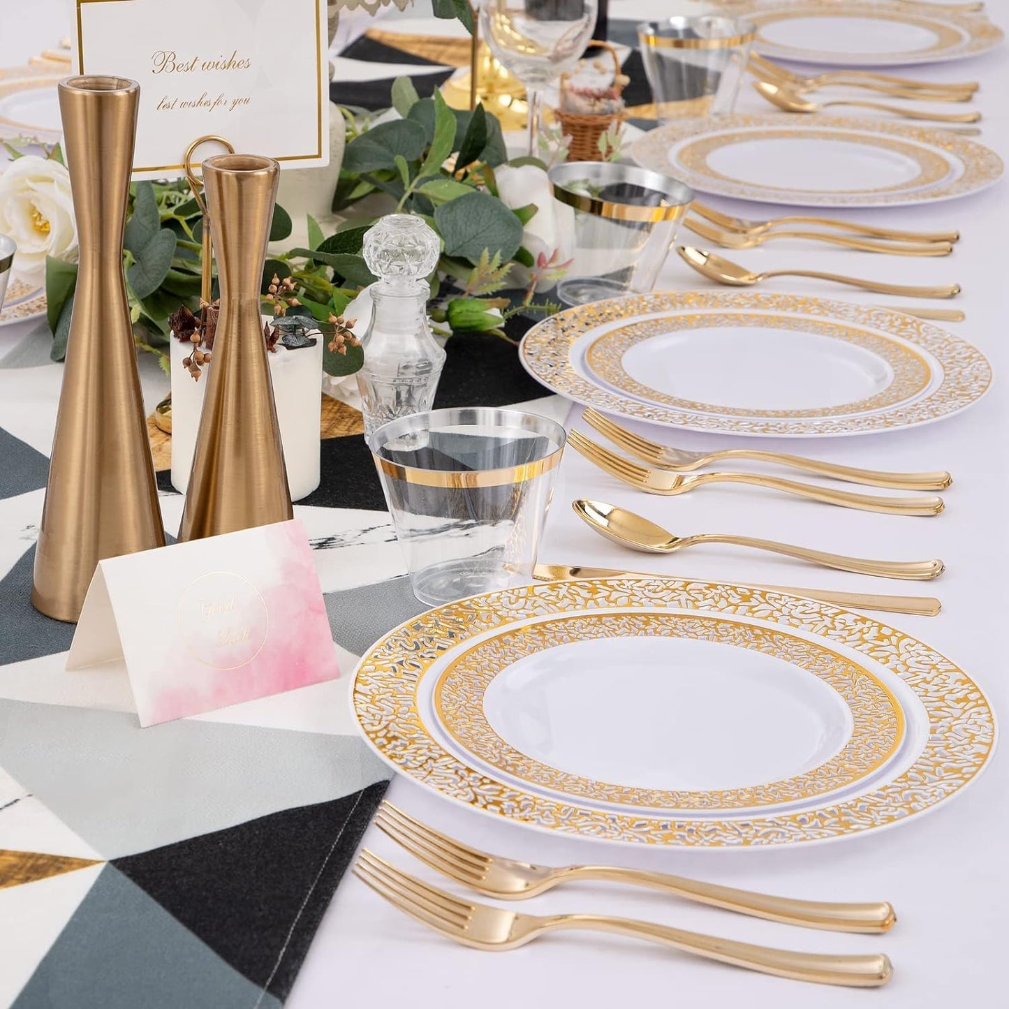 I00000 350 Pieces Gold Plastic Dinnerware - Disposable Gold Lace Plates, Include:50 Dinner Plates,50 Dessert Plates, 50 Pre Rolled Napkins with Silverware and 50 Cups for Weddings