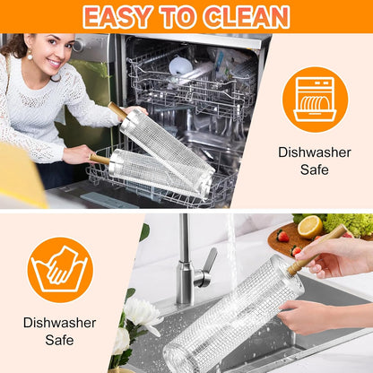 2Pcs Rolling Grill Baskets with Removable Wooden Handles – 304 Stainless Steel Nesting BBQ Grill Basket Set