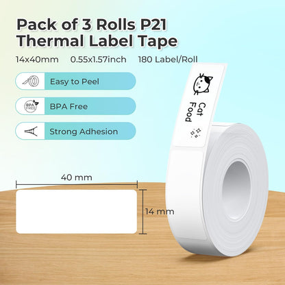 Thermal Label Maker Tape 14x40mm – Adhesive Waterproof Replacement Label Rolls, 180 Labels per Roll, 3 Pack for Home and Office Organization - PuriLite