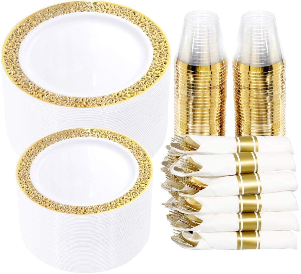 I00000 350 Pieces Gold Plastic Dinnerware - Disposable Gold Lace Plates, Include:50 Dinner Plates,50 Dessert Plates, 50 Pre Rolled Napkins with Silverware and 50 Cups for Weddings