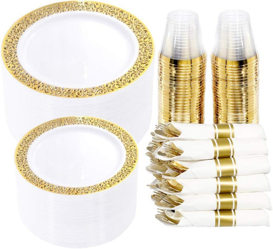 I00000 350 Pieces Gold Plastic Dinnerware - Disposable Gold Lace Plates, Include:50 Dinner Plates,50 Dessert Plates, 50 Pre Rolled Napkins with Silverware and 50 Cups for Weddings