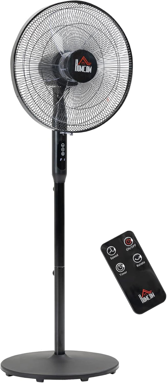HOMCOM 16" Pedestal Fan with Remote Control, Height Adjustable, Tilted Head, Timer, Oscillating Standing Fan, Stand Floor Fans for Bedroom, Black
