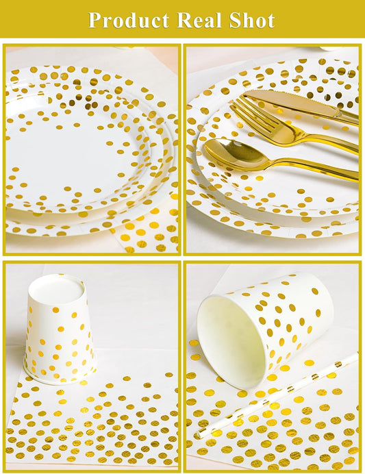 Nkaiso141Pcs White Gold Party Tableware, Party Paper Plates and Cutlery Set Includes Plates Cups Dinnerware Napkins, for Birthday Wedding Babyshower Decorations Supplies-20 Guests - PuriLite