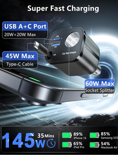145W 4-in-1 Retractable Car Charger Adapter with USB-C & USB-A Ports, Fast Charging Cigarette Lighter Socket, Compact 12V/24V Car Phone Charger for iPhone and Android Devices