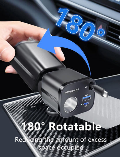 145W 4-in-1 Retractable Car Charger Adapter with USB-C & USB-A Ports, Fast Charging Cigarette Lighter Socket, Compact 12V/24V Car Phone Charger for iPhone and Android Devices