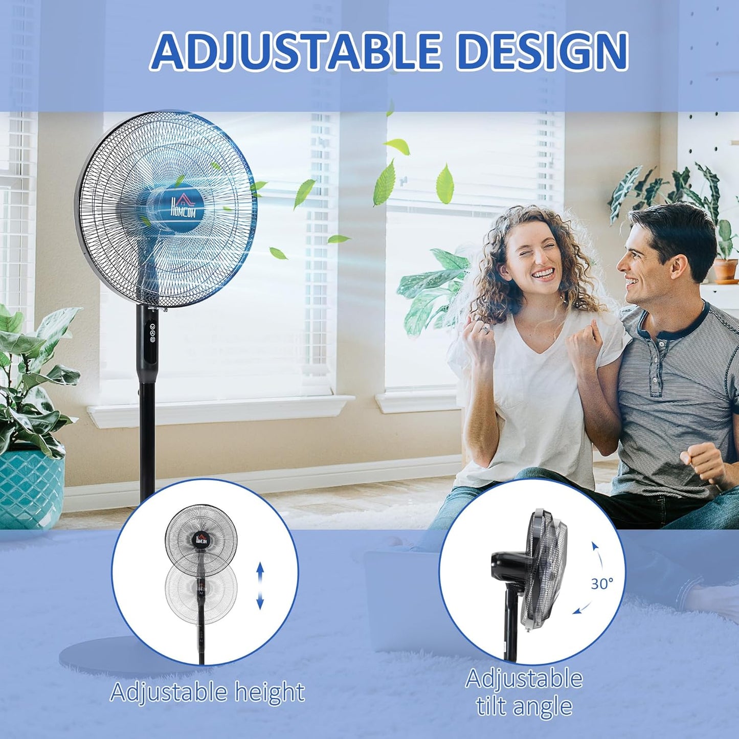 HOMCOM 16" Pedestal Fan with Remote Control, Height Adjustable, Tilted Head, Timer, Oscillating Standing Fan, Stand Floor Fans for Bedroom, Black
