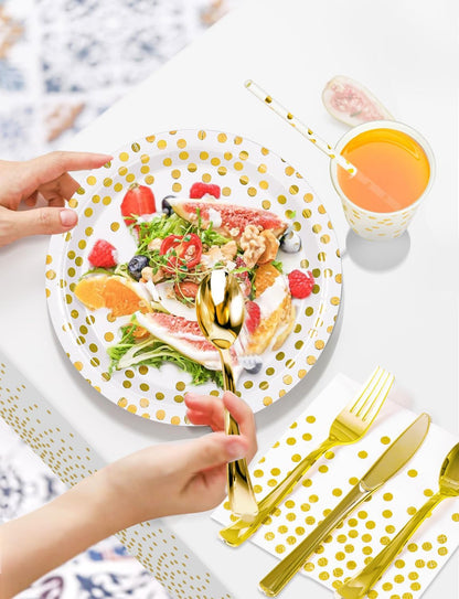 Nkaiso141Pcs White Gold Party Tableware, Party Paper Plates and Cutlery Set Includes Plates Cups Dinnerware Napkins, for Birthday Wedding Babyshower Decorations Supplies-20 Guests