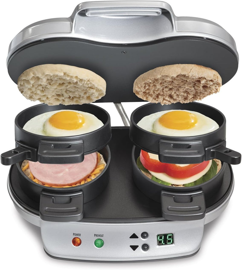 Hamilton Beach Dual Breakfast Sandwich Maker withAudible Digital Timer, Silver , 25490C