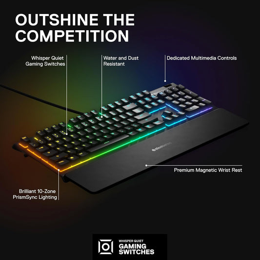 SteelSeries Apex 3 RGB Gaming Keyboard – 10-Zone RGB Illumination – IP32 Water Resistant – Premium Magnetic Wrist Rest (Whisper Quiet Gaming Switch) - PuriLite