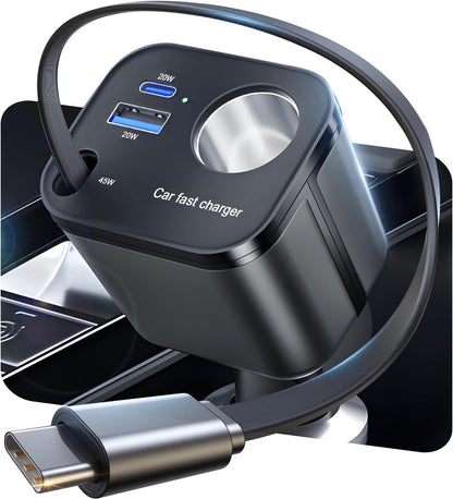 145W 4-in-1 Retractable Car Charger Adapter with USB-C & USB-A Ports, Fast Charging Cigarette Lighter Socket, Compact 12V/24V Car Phone Charger for iPhone and Android Devices
