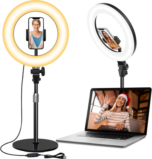 Desk Ring Light with Stand, 10.5'' Circle Light with Phone Holder for Video Recording, Adjustable Halo Light for Computer Zoom Meeting, Laptop Light for Conference Video Calls, Podcast, Live Streaming