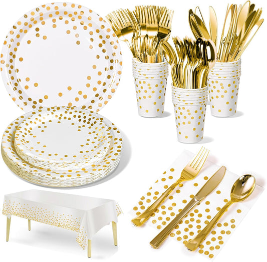 Nkaiso141Pcs White Gold Party Tableware, Party Paper Plates and Cutlery Set Includes Plates Cups Dinnerware Napkins, for Birthday Wedding Babyshower Decorations Supplies-20 Guests