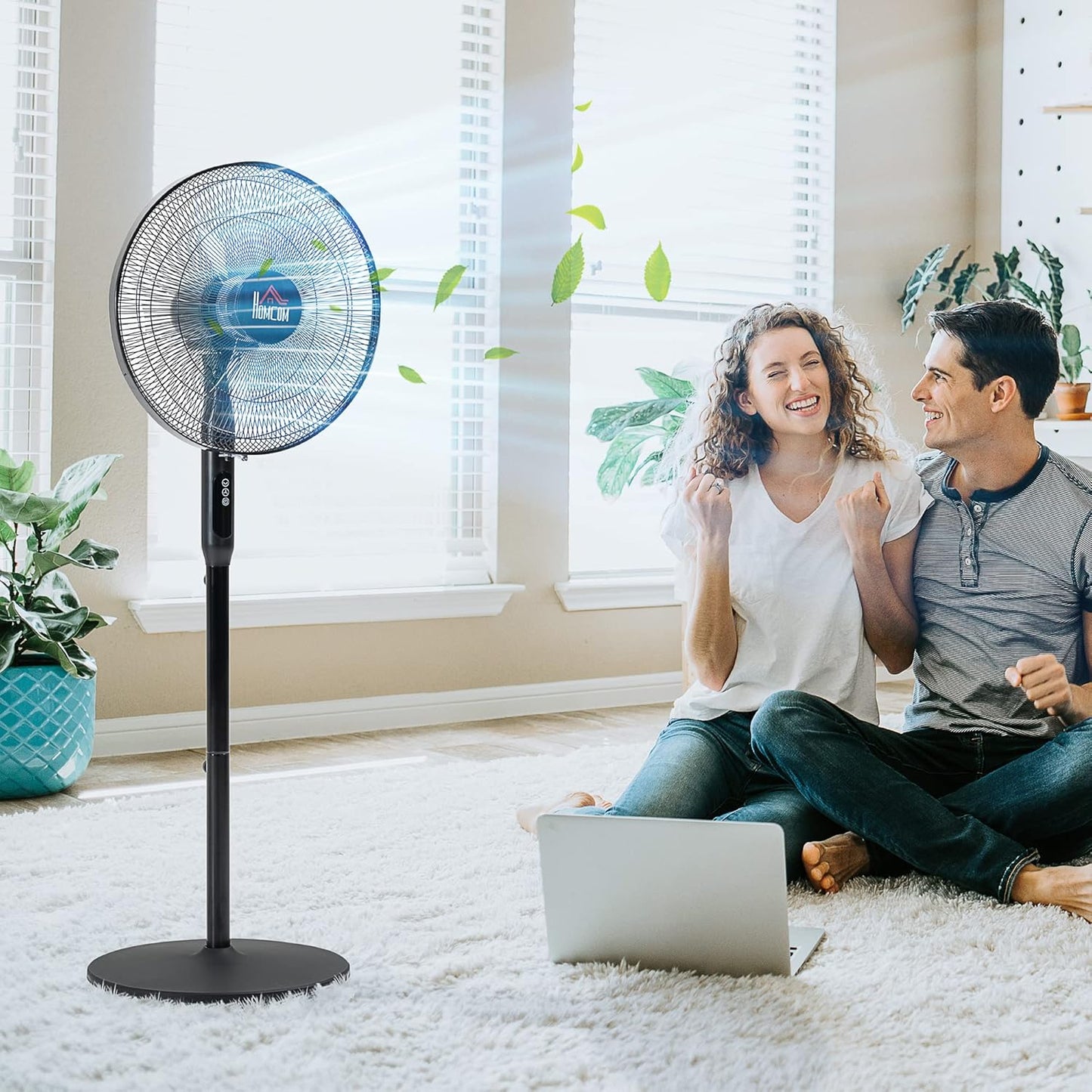 HOMCOM 16" Pedestal Fan with Remote Control, Height Adjustable, Tilted Head, Timer, Oscillating Standing Fan, Stand Floor Fans for Bedroom, Black