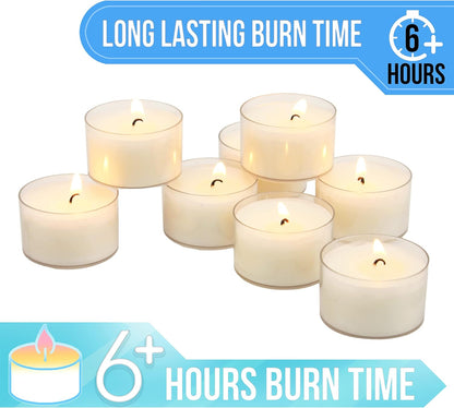 Stonebriar 48 Count White Unscented Smokeless Long Burning Clear Cup Tea Light Candles with 6 to 7 Hour Burn Time