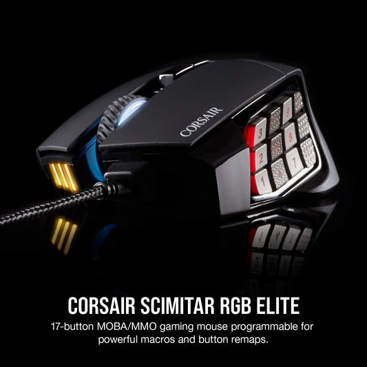 Corsair SCIMITAR RGB ELITE, MOBA/MMO Gaming Mouse, Backlit RGB LED, 18000 DPI, Optical, Black, 1 Pack - PuriLite