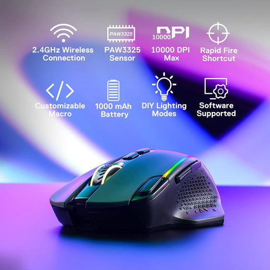 Redragon M810 Pro Wireless Gaming Mouse, 10000 DPI Wired/Wireless Mouse w/Rapid Fire Key, 8 Macro Buttons, 45-Hour Durable Power Capacity and RGB Backlit for PC/Mac/Laptop - PuriLite