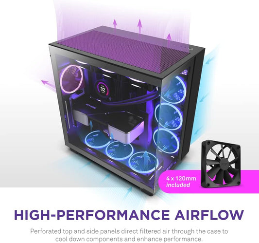NZXT H9 Flow Dual-Chamber ATX Mid-Tower PC Gaming Case – High-Airflow Perforated Top Panel – Tempered Glass Front & Side Panels – 360mm Radiator Support – Cable Management – Black - PuriLite