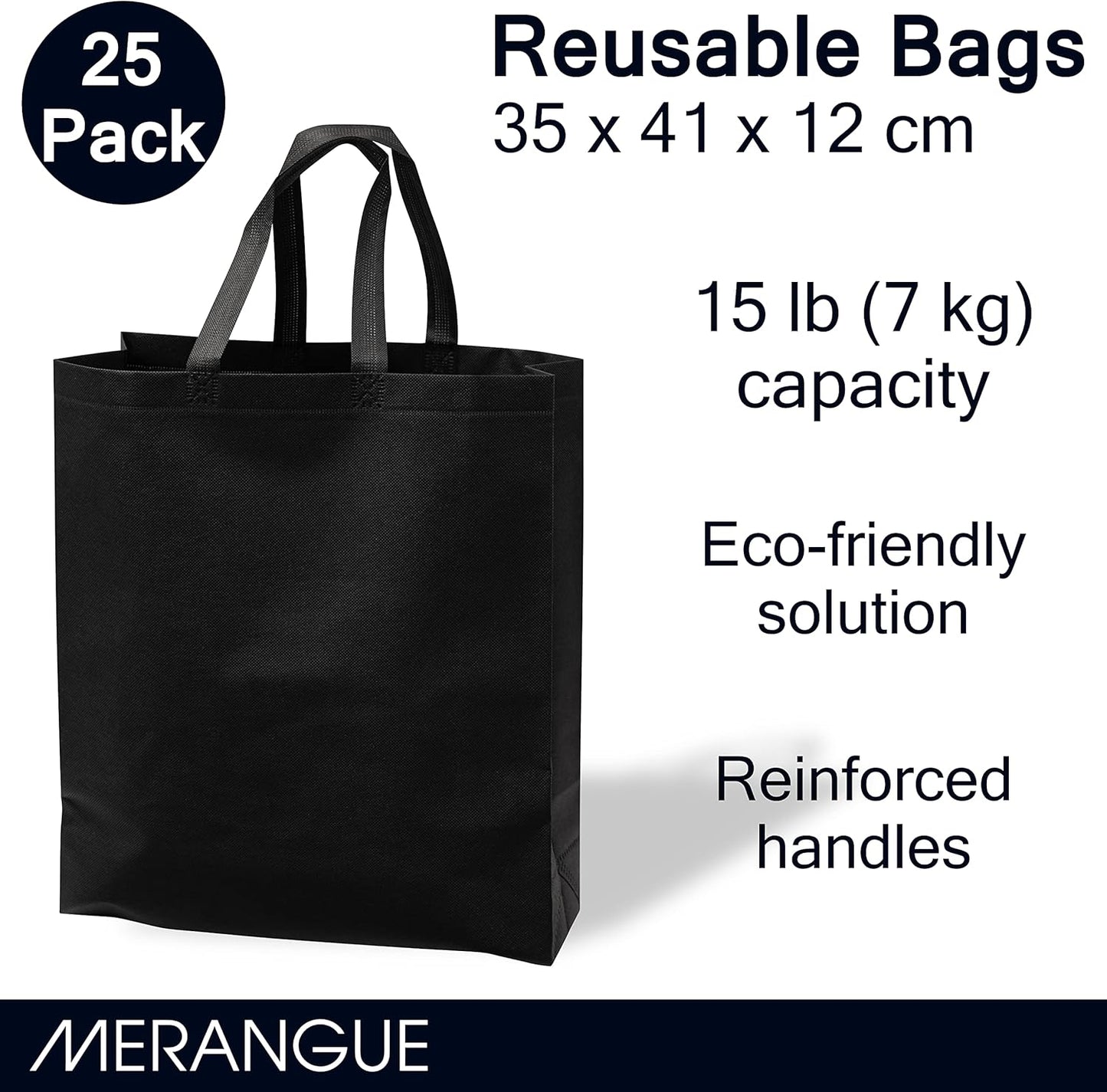 Merangue Reusable Bulk Shopping Bags, Non-Woven, Foldable Grocery Bags, Black, Large, 25 Pack