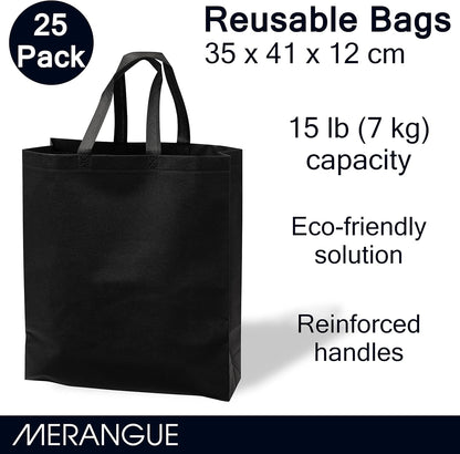 Merangue Reusable Bulk Shopping Bags, Non-Woven, Foldable Grocery Bags, Black, Large, 25 Pack