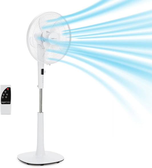 Amazon Basics 41cm DC Motor Fan, 12 Speed Fan with Remote, Floor Fan, Standing Fan with 3 Breeze Modes, Dual-Layered Blades (10 Blades), Timer, Energy Efficiency and Quiet DC Motor (28W), White