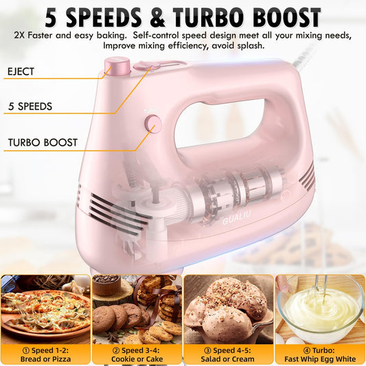 GUALIU Electric Hand Mixer with Stainless Steel Whisk, Dough Hook Attachment and Storage Bag, Handheld Mixer for Baking Cakes, Eggs, Cream Food Mixers. Turbo Boost /5 Speed Kitchen Blender PINK - PuriLite