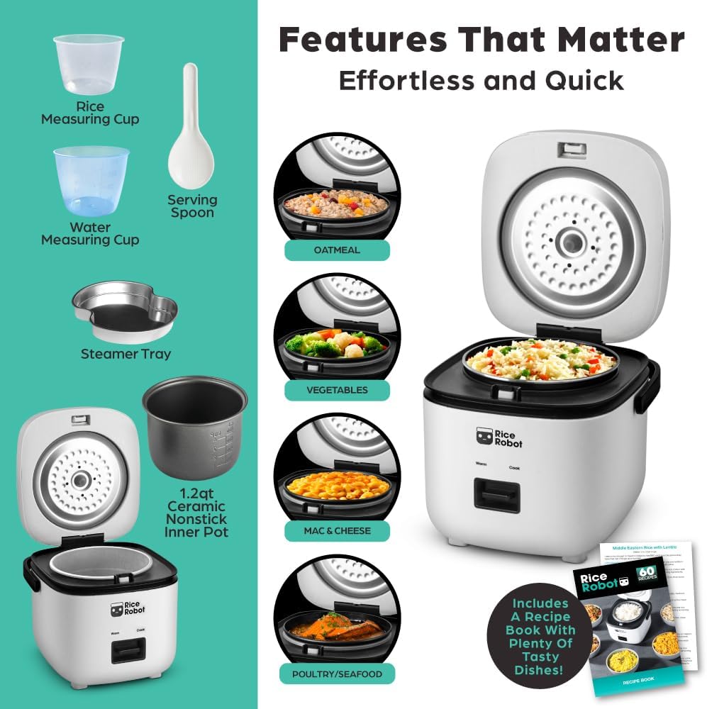 Rice Robot Personal Rice Cooker, PFAS-free, Nonstick. 1.2 Quart Capacity, with Stainless Steel Steamer Tray, Measuring Cups, Recipe Book with 60 Recipes, and Serving Spoon, As Seen On TV