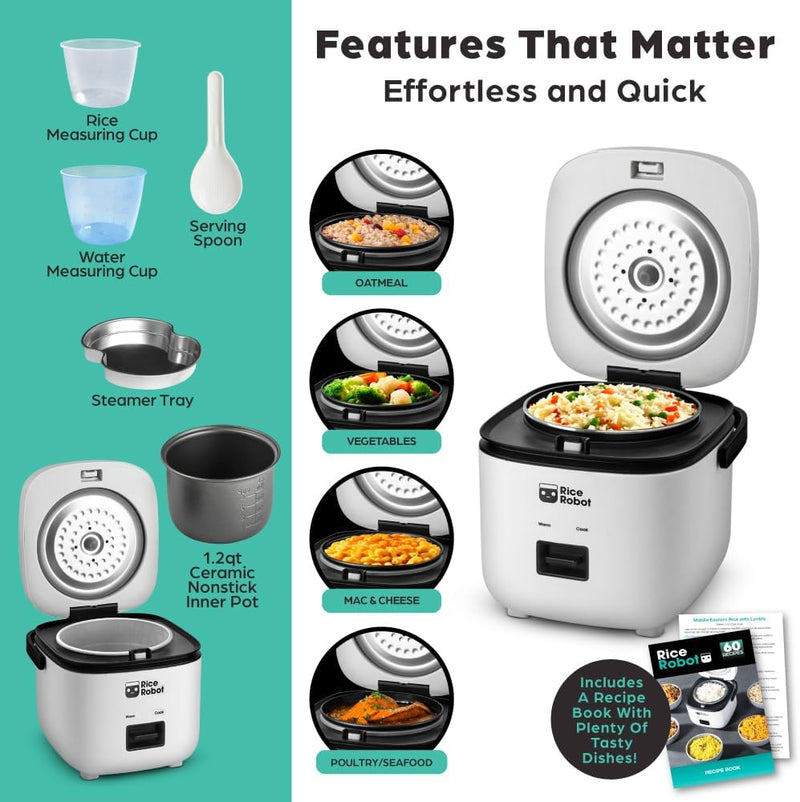 Rice Robot Personal Rice Cooker, PFAS-free, Nonstick. 1.2 Quart Capacity, with Stainless Steel Steamer Tray, Measuring Cups, Recipe Book with 60 Recipes, and Serving Spoon, As Seen On TV
