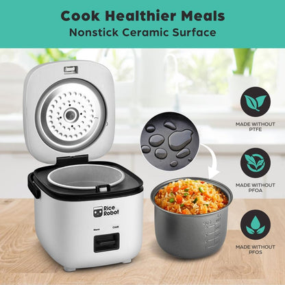 Rice Robot Personal Rice Cooker, PFAS-free, Nonstick. 1.2 Quart Capacity, with Stainless Steel Steamer Tray, Measuring Cups, Recipe Book with 60 Recipes, and Serving Spoon, As Seen On TV