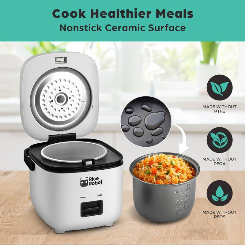 Rice Robot Personal Rice Cooker, PFAS-free, Nonstick. 1.2 Quart Capacity, with Stainless Steel Steamer Tray, Measuring Cups, Recipe Book with 60 Recipes, and Serving Spoon, As Seen On TV
