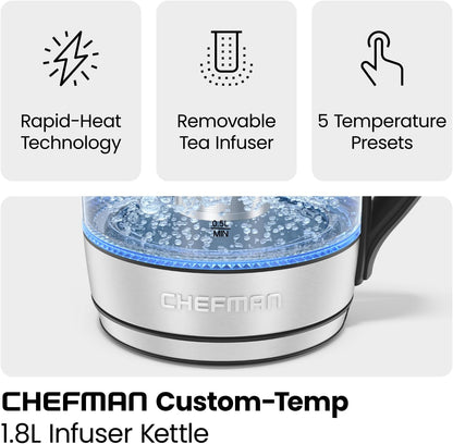 Chefman Electric Kettle w/ Temperature Control, 5 Presets, Colored LED Indicator Lights, 360° Swivel Base, BPA Free, Removable Tea Infuser Included, 1100 Watts & 120 Volts, Stainless Steel, 1.8 Liters