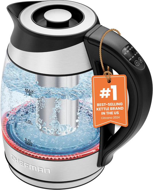 Chefman Electric Kettle w/ Temperature Control, 5 Presets, Colored LED Indicator Lights, 360° Swivel Base, BPA Free, Removable Tea Infuser Included, 1100 Watts & 120 Volts, Stainless Steel, 1.8 Liters