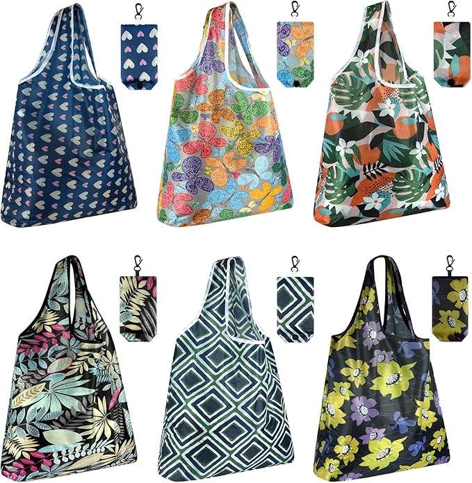 MIAHART 6 Pack Reusable Grocery Bags Foldable Shopping Bags Waterproof Nylon Grocery Bags Reusable Shopping Bags