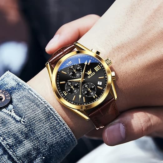 Olevs Watches for Men Analog Leather Band Mens Watches Business Watch for Men Large Face Dress Watch Men Easy Read Wrist Watches for Men with Day Date Luxury Two Tone Arabic Numerals Men Watches - PuriLite
