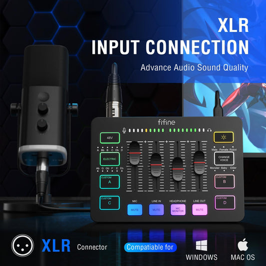 FIFINE Gaming Audio Mixer, Streaming RGB PC Mixer with XLR Microphone Interface, Individual Control, Volume Fader, Mute Button, 48V Phantom Power, for Podcast/Recording/Vocal/Game Voice-AmpliGame SC3 - PuriLite